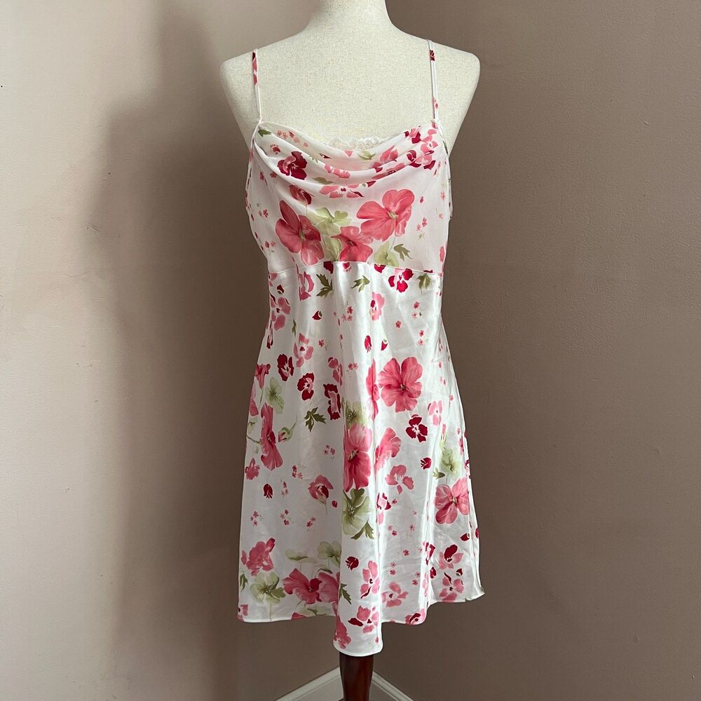 Coquette y2k Delicates Pink Floral Slip Dress Lace Trim Satin Cowl Neck Size‎ M